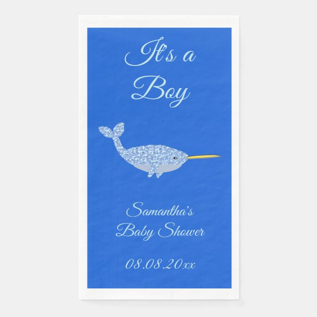 Niedlich Blue Baby Boy Narwhal Baby Dusche kundens Serviette (Vorderseite)