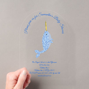 Niedlich Blue Baby Boy Narwhal Custom Baby Dusche Acryleinladungen