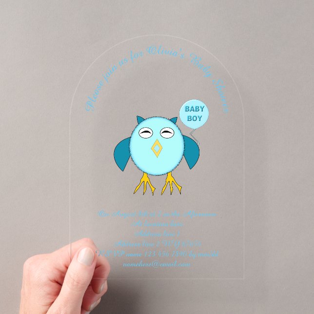 Niedlich Blue Baby Boy Owl Custom Baby Dusche Akry Acryleinladungen (Insitu (Handheld))