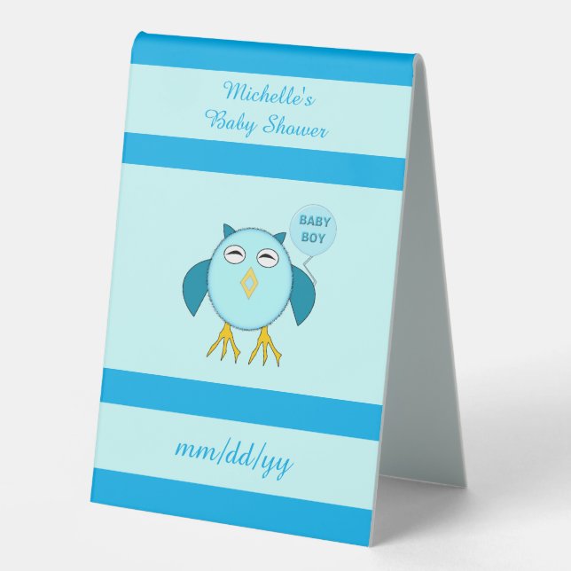 Niedlich Blue Baby Boy Owl Custom Baby Dusche Tischaufsteller (Vorderseite)
