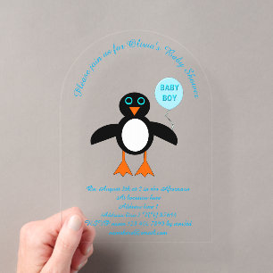 Niedlich Blue Baby Boy Pinguin Custom Baby Dusche Acryleinladungen