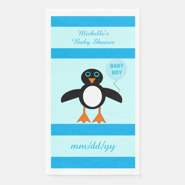 Niedlich Blue Baby Boy Pinguin Custom Baby Dusche Serviette (Vorderseite)
