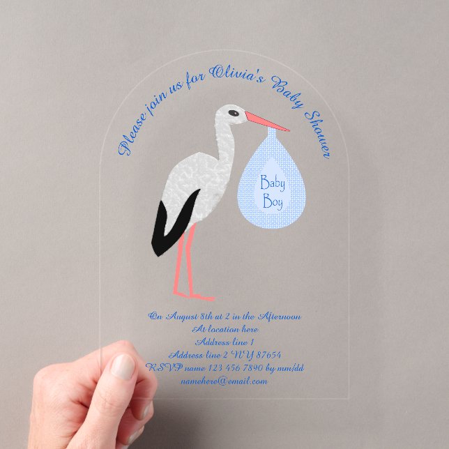 Niedlich Blue Baby Boy Stork Baby Dusche Custom Acryleinladungen (Insitu (Handheld))
