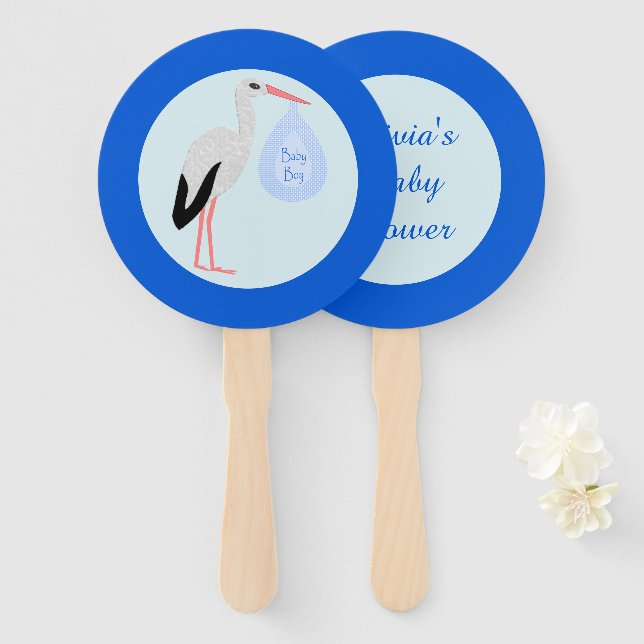 Niedlich Blue Baby Boy Stork Custom Baby Dusche Fächer (Vorne und Hinten)