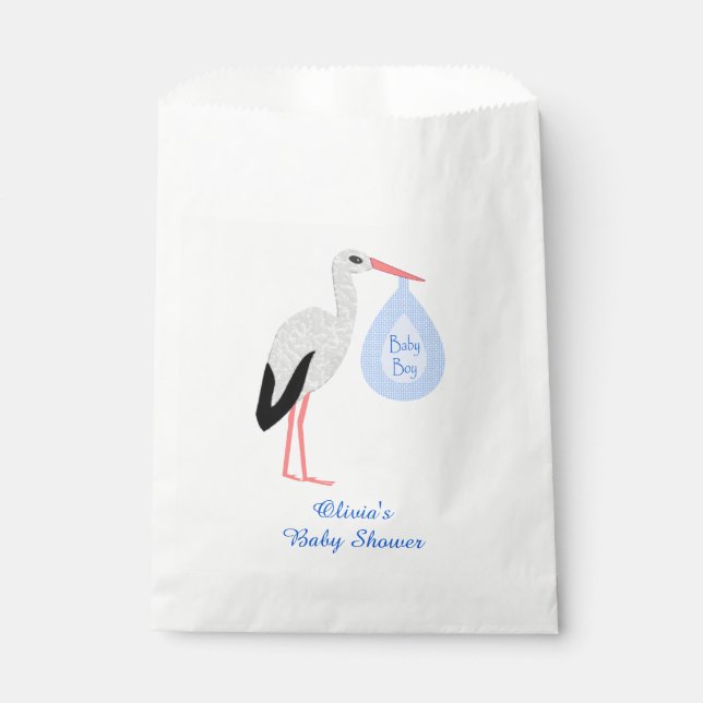 Niedlich Blue Baby Boy Stork Custom Baby Dusche Geschenktütchen (Vorderseite)
