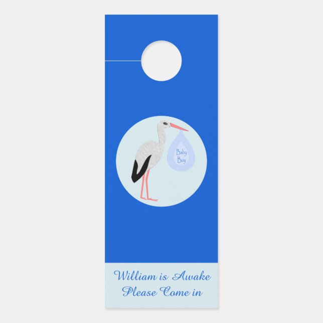 Niedlich Blue Baby Boy Stork Custom Kinderzimmer Türanhänger (Vorderseite)