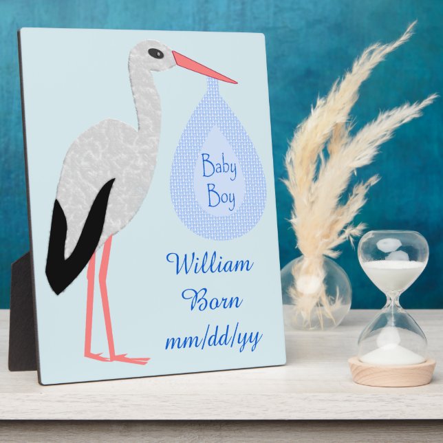 Niedlich Blue Baby Boy Stork Geburtserklärung Fotoplatte (Seite)