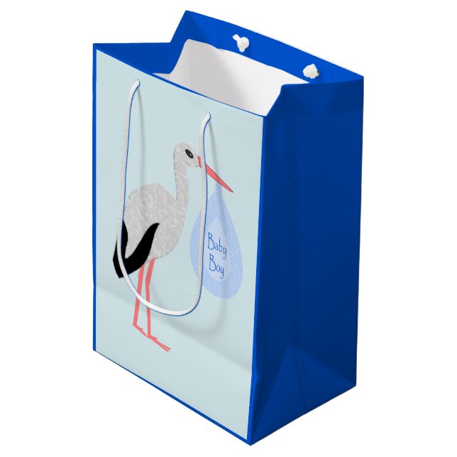 Niedlich Blue Baby Boy Stork Mittlere Geschenktüte (Vorderseite Schrägansicht)