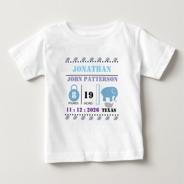 Niedlich Blue Baby Elephant Birth Ankündigung Baby T-shirt (Vorderseite)