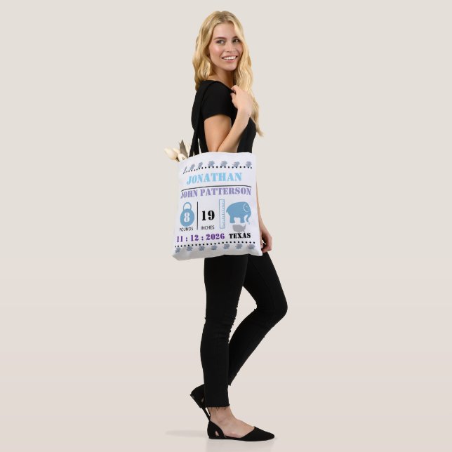 Niedlich Blue Baby Elephant Birth Ankündigung Tasche (Am Model)
