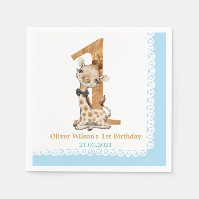 Niedlich Blue Baby Giraffe 1. Geburtstag Serviette (Vorderseite)