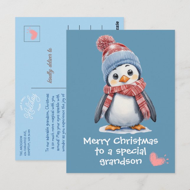 Niedlich Blue Baby Penguin für Kinder Weihnachtsfe Postkarte (Vorne/Hinten)