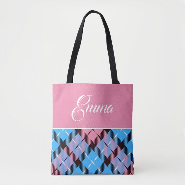Niedlich Blue Baby Pink Kariert Tartan Personalisi Tasche (Vorderseite)