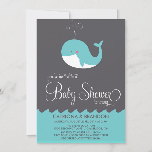 Niedlich Blue Baby Whale Baby Dusche einladen Einladung (Vorderseite)