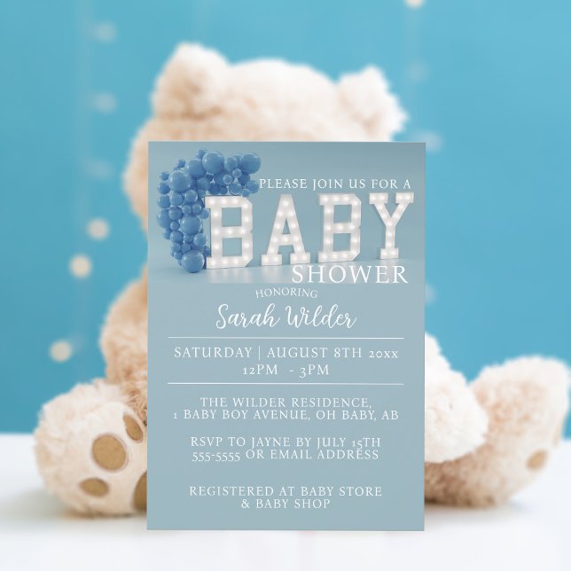 Niedlich Blue Balloon Arch Boy Baby Dusche Einladu Einladung (A dusty blue balloon theme baby shower invitation waiting for your party details)
