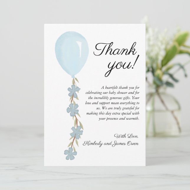 Niedlich Blue Balloon Baby Dusche Dankeskarte (Stehend Vorderseite)
