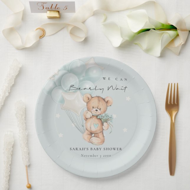 Niedlich Blue Bearly Wait Bear Balloon Baby Showdu Pappteller (Hochzeit)