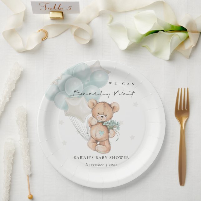 Niedlich Blue Bearly Wait Bear Balloon Baby Showdu Pappteller (Hochzeit)