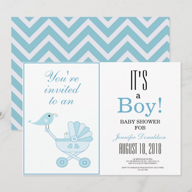 Niedlich Blue Bird Baby Carriage Zickzack Baby Sho Einladung (Vorne/Hinten)