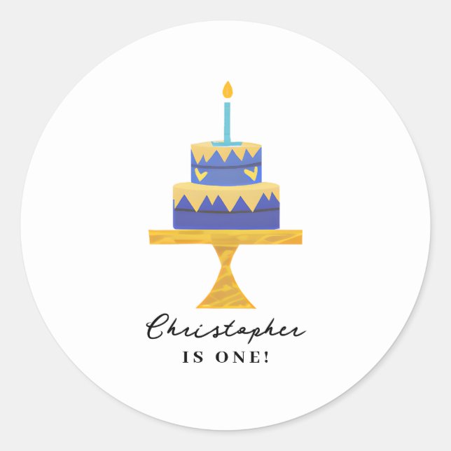 Niedlich Blue Birthday Cake Personalisierter Name Runder Aufkleber (Vorderseite)