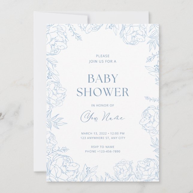 Niedlich Blue Blume Baby Dusche einladen Einladung (Vorderseite)