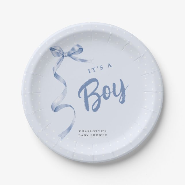 Niedlich Blue Bow Ribbon Boy Baby Dusche Pappteller (Vorderseite)