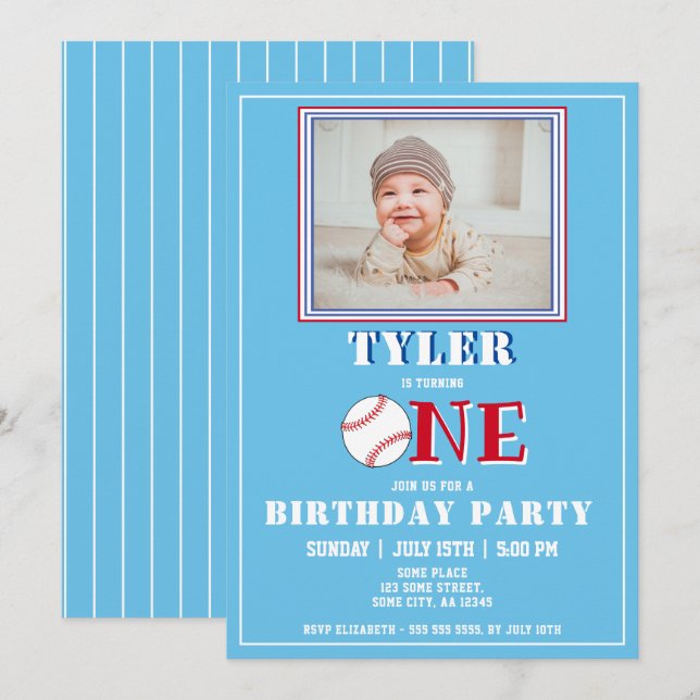 Niedlich Blue Boy Baseball Foto 1. Geburtstag Einladung (Vorne/Hinten)