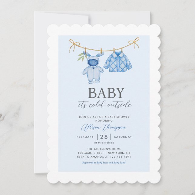 Niedlich Blue Boy Clothesline Winter Baby Dusche Einladung (Vorderseite)
