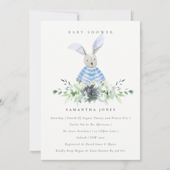 Niedlich Blue Bunny Garden Foliage Babydusche lade Dankeskarte (Vorderseite)