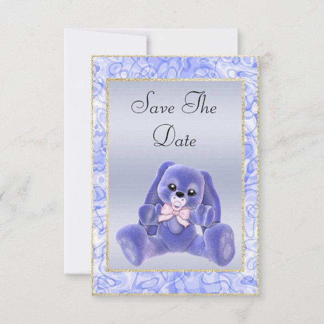 Niedlich Blue Bunny Save the Date Baby Dusche (Vorderseite)