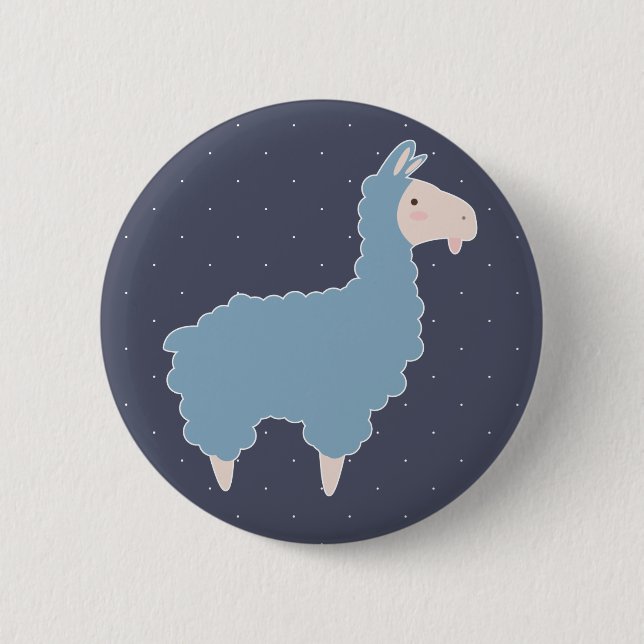 Niedlich Blue Cartoon Llama & White Dots Button (Vorderseite)