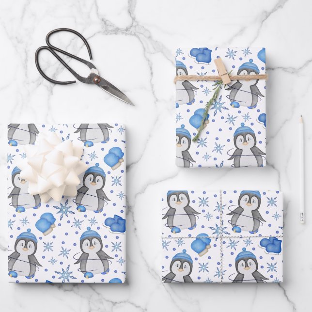 Niedlich Blue Christmas Ice Skaten Penguin Geschenkpapier Set (Vorderseite)