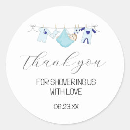 Niedlich Blue Clothesline Baby Dusche Vielen Dank  Runder Aufkleber