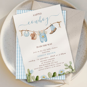 Niedlich Blue Clothesline Cactus Cowboy Baby Showe Einladung