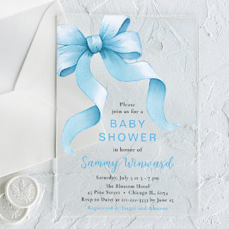 Niedlich Blue Coquette Bow Baby Dusche Acryleinladungen