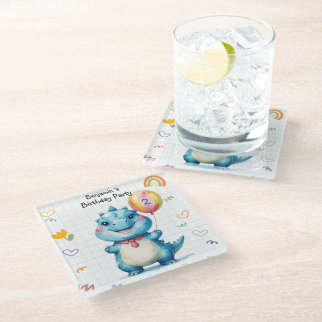 Niedlich Blue Dinosaur Balloon Geburtstagsparty Glasuntersetzer (Schrägansicht)