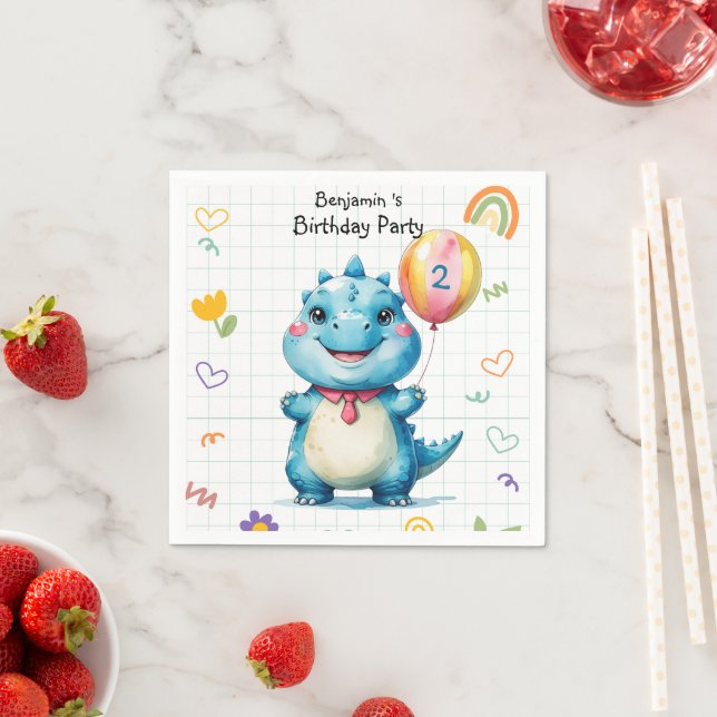 Niedlich Blue Dinosaur Balloon Geburtstagsparty Serviette (Beispiel)