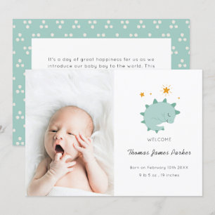 Niedlich Blue Dinosaur Boy Baby Foto Birth Ankündigung