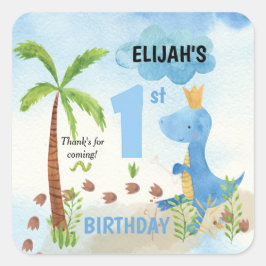 Niedlich Blue Dinosaur Palm Tree 1. Geburtstag Quadratischer Aufkleber