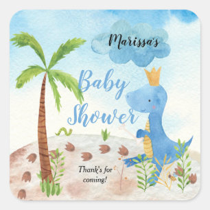 Niedlich Blue Dinosaur Palm Tree Boy Baby Dusche Quadratischer Aufkleber