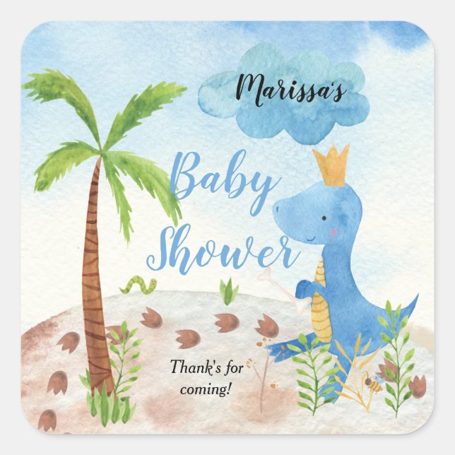 Niedlich Blue Dinosaur Palm Tree Boy Baby Dusche Quadratischer Aufkleber (Vorderseite)