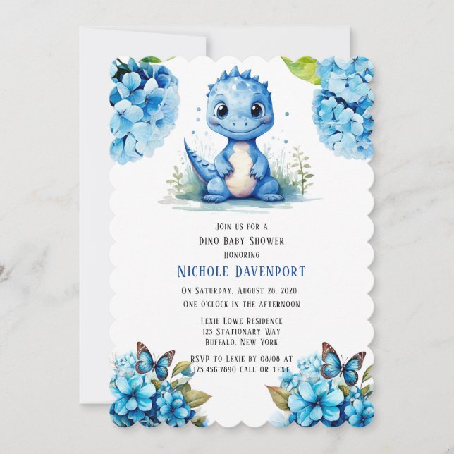 Niedlich Blue Dinosaurier mit Florals Boy Baby Dus Einladung (Vorderseite)