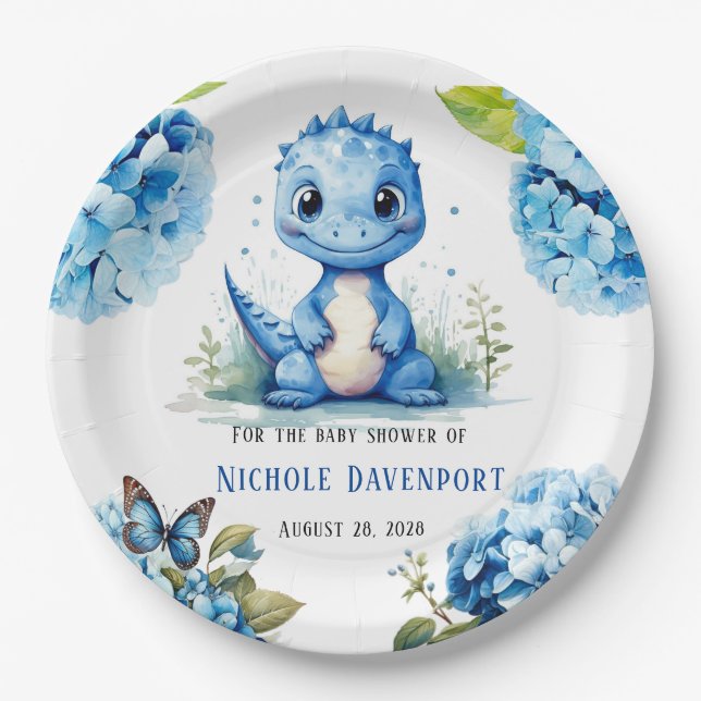 Niedlich Blue Dinosaurier mit Florals Boy Baby Dus Pappteller (Vorderseite)