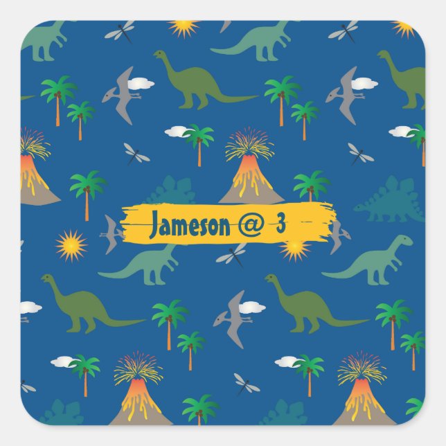 Niedlich Blue Dinosaurier Muster Wildlife Pflanze  Quadratischer Aufkleber (Vorderseite)