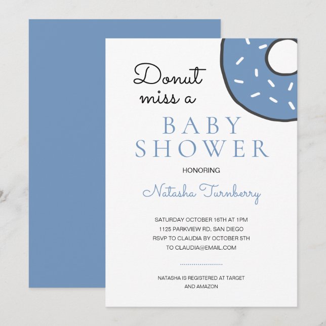 Niedlich Blue Donut Miss eine Babydusche Einladung (Vorne/Hinten)