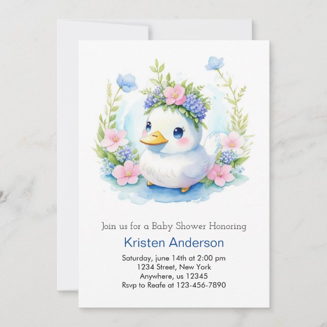 Niedlich Blue Duckling Watercolor Babydusche Einladung (Vorderseite)