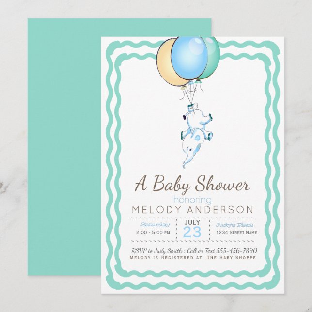 Niedlich Blue Elephant and Balloons Baby Shower Einladung (Vorne/Hinten)