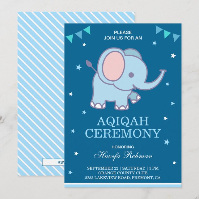 Niedlich Blue Elephant Baby Boy Aqiqah Einladung (Vorne/Hinten)