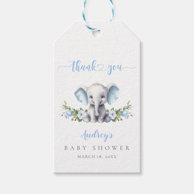Niedlich Blue Elephant Baby Boy Dusche Vielen Dank Geschenkanhänger (Vorderseite)