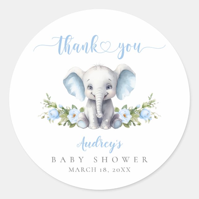 Niedlich Blue Elephant Baby Boy Dusche Vielen Dank Runder Aufkleber (Vorderseite)